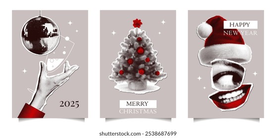 Minimalistic vintage Christmas and New Year 2025 card Templates set. Retro Style Graphics with halftone collage effect for Festive Posts and Stories. Perfect for Holiday Campaigns. Vector illustration