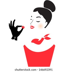 Minimalistic vintage illustration of woman in red, tasting food. Retro image of woman in red dress and black gloves, chic look, red scarf, red lips and make up. iconic look of sixties. Vintage fashion