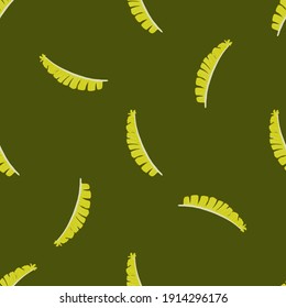 Minimalistic vintage wild jungle seamless pattern with yellow fern leaf shapes. Green olive background. Graphic design for wrapping paper and fabric textures. Vector Illustration.