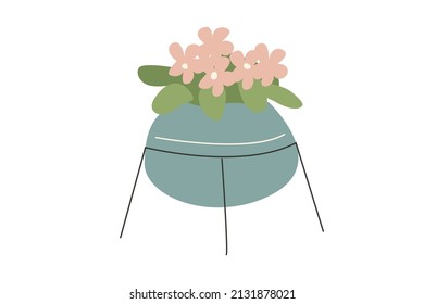 Violeta minimalista en una olla en un estrado. Planta de casas en colores de moda. Ilustración vectorial al estilo de dibujos animados planos aislados en fondo blanco