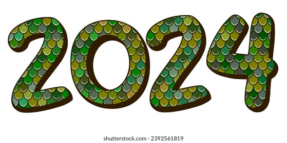The minimalistic volumetric isolated inscription 2024 without background. Green wooden dragon. Green dragon scales. Vector illustration.