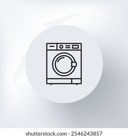 Minimalistic washing machine icon with a circular door, buttons, and control panel, set on light background.