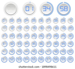 Minimalistische Uhr. Moderne Armbanduhren sind einzeln auf weißem Hintergrund. Countdown auf 60 Sekunden und Minuten. Set von einzelnen Vektorsymbols. Vektorgrafik