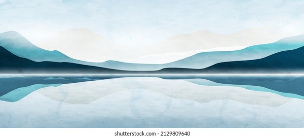 Minimalistic watercolor art background with mountains and sea. Landscape banner in blue colors for interior decoration, design, wallpaper