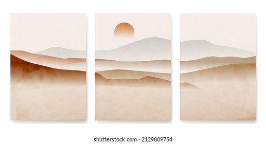 Minimalistic watercolor landscape design with mountains and dunes with sun. Vector art background for decoration, wallpaper, print svg