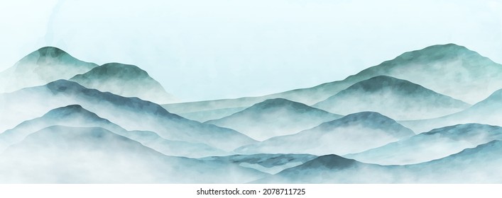 Un paisaje acuático minimalista con colinas y montañas en colores azul y verde. Fondo artístico de estilo oriental para diseño, impresión