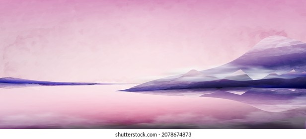 Minimalistic watercolor landscape with mountains and sea at sunset or sunrise. Art background in oriental style for design, print