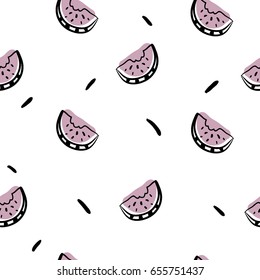 Minimalistic watermelon slices seamless pattern. Summer tropical fruit ornament. Doodle, flat, hand drawn texture for wallpaper, textile, fabric, paper. Vector