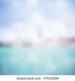 Minimalistic web media backdrop. Editable. Vector blurred background with lens bokeh. Unfocused sea side landscape. Presentation template. Web and mobile interface template. 