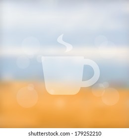 Minimalistic web media backdrop. Vector blurred background with lens bokeh. Unfocused sea side landscape. Background with Hot coffee cup icon.