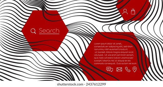 Minimalistic web page template with search bar, profile, shopping cart abd contacts icons, random text. Geometric landing page layout with red hexagonal shapes, black curve lines flowing. Wed design