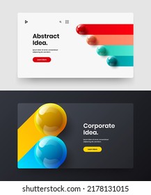 Minimalistic website design vector concept bundle. Simple 3D spheres corporate cover illustration collection.