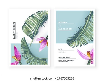 Minimalistic wedding cards or templates for greeting cards, posters about sale in offline stores, posts in social networks, save the date with tropical banana palm leaves and pink flowers.