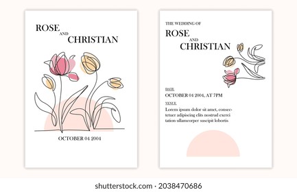 Minimalistic wedding invitation card. Simple template with watercolor tulips, continuous contours and geometric shapes. Two sides. Cartoon modern flat vector collection isolated on light background