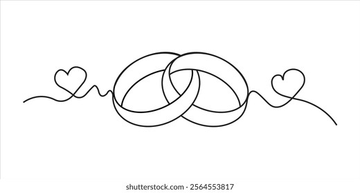 Minimalistic wedding rings illustration with heart-shaped line art. Perfect for marriage invitations, romantic designs, anniversary cards, love-themed decorations, and engagement or wedding ceremony.