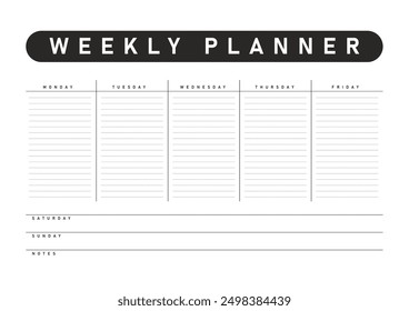 Minimalistic weekly planner template with a black header and white background, featuring lined sections for each weekday, and additional spaces for Saturday, Sunday, and notes