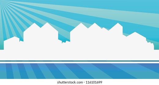 Minimalistic white abstract city silhouette over blue sky. Eps10