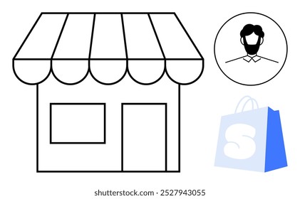 Minimalistic white and black shopfront, portrait of man in circular frame, and a blue shopping bag with an emblem. Ideal for retail, e-commerce, business branding, shopping, and customer service