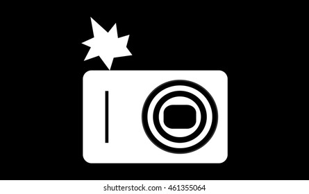 Minimalistic white camera image with flash on black background. Flat design.