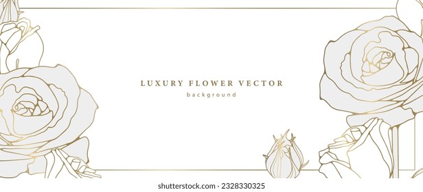 Minimalistic white card with golden roses and buds. Floral background for text and photos, diplomas, business cards, presentations and wedding invitations