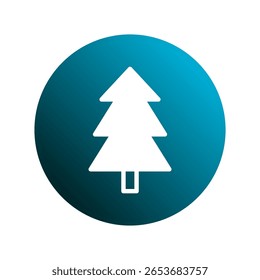A minimalistic white christmas tree icon within a blue circle representing holiday season joy, peace and celebration