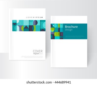 Minimalistic white cover template. Flat style creative concept cover for catalog, report, brochure. Turquoise, violet, blue & green abstract geometric shapes. Squares, triangles and circles