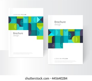 Minimalistic white cover template. Flat style creative concept cover for catalog, report, brochure.  turquoise, violet & blue abstract geometric background. Squares, triangles and circles