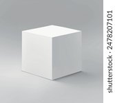 Minimalistic white cube on a smooth gray gradient background, casting a subtle shadow.