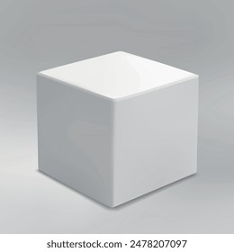 Minimalistic white cube on a smooth gray gradient background, casting a subtle shadow.