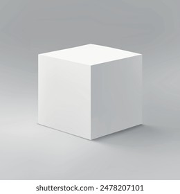 Cubo blanco minimalista sobre fondo de gradiente gris liso, proyectando una sombra sutil.