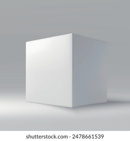 Minimalistic white cube on a smooth gray gradient background, casting a subtle shadow.