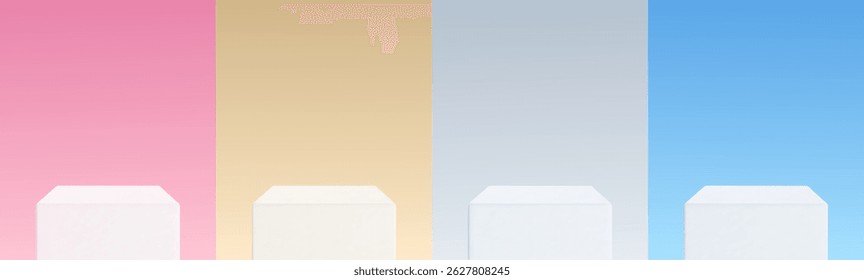 Minimalistic white cube podium in light gray, pink, blue and beige abstract room.