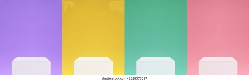 Podio de cubo blanco minimalista en sala abstracta púrpura, rosa, verde y amarillo.