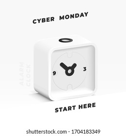 Minimalistic white design. 3D alarm clock, flowing forms. Isometric view. Business banner, cyber monday.