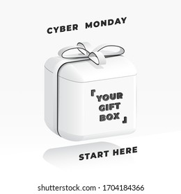 Minimalistisches weißes Design. 3D-Box mit Band, fließende Formen. Isometrische Sicht. Business-Banner, Cyber-Montag.