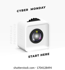 Minimalistic white design. 3D portable projector, flowing forms. Isometric view. Business banner, cyber monday.