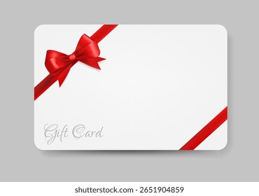 Cartão de presente branco minimalista com uma fita vermelha brilhante e arco, envolvido diagonalmente. O cartão tem cantos arredondados e sombras sutis, para uso em promoções, presentes de férias, ocasiões especiais