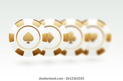 Minimalistic white and gold poker chips featuring spade, diamond, club, and heart symbols. Elegant and modern design for casino UI, gambling apps, banners, or online poker game elements