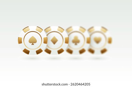 Chips de poker minimalista branco e ouro com símbolos de espadas, diamante, clube e coração. Design elegante e moderno para IU de casino, aplicativos de jogo, banners, ou elementos de jogo de pôquer online