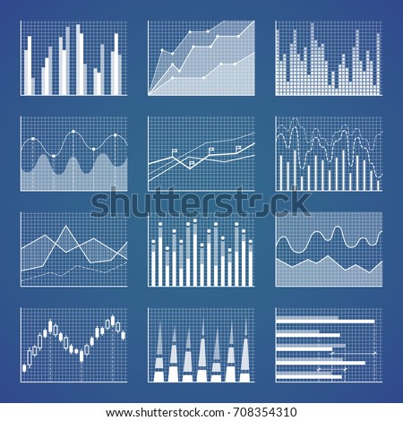 Minimalistic white graphics with horizontal and vertical columns, smooth waves and broken lines on coordinate system with grid vector illustrations.