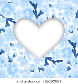 Minimalistic white heart with graphic cherry blossom seamless pattern on background. St. Valentine day card