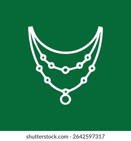 Um desenho de linha branca minimalista de um colar de pérolas em um fundo verde, perfeito para joias ou design de moda.
