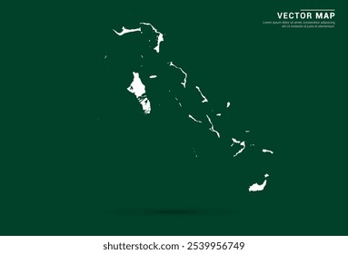 Mapa blanco minimalista de las Bahamas sobre un fondo verde profundo, diseño de Vector.