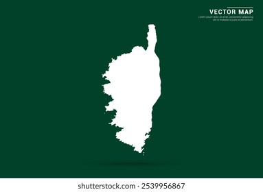 Mapa blanco minimalista de Córcega sobre un fondo verde profundo, diseño de Vector.