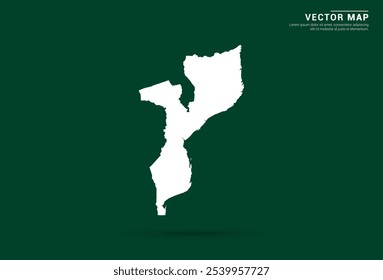 Mapa blanco minimalista de Mozambique sobre un fondo verde profundo, diseño de Vector.