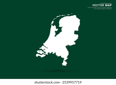 Mapa blanco minimalista de los Países Bajos sobre un fondo verde profundo, diseño de Vector.
