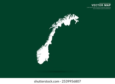 Mapa branco minimalista da Noruega em um fundo verde profundo, design vetorial.