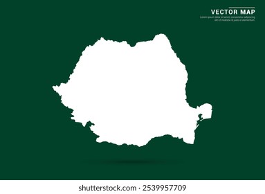 Mapa branco minimalista da Romênia em um fundo verde profundo, design vetorial.