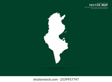 Mapa blanco minimalista de Túnez sobre un fondo verde profundo, diseño de Vector.