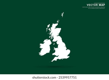 Mapa branco minimalista do Reino Unido (UK) em um fundo verde profundo, design vetorial.